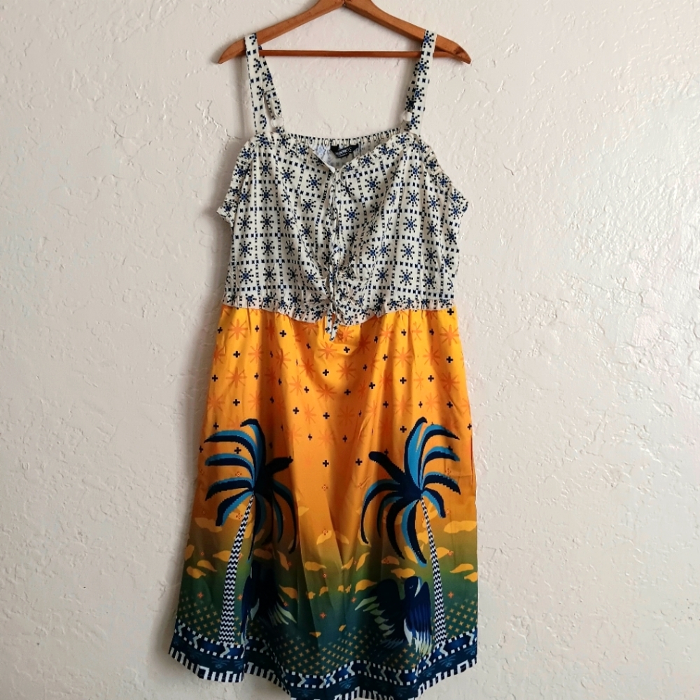 Bloomchic dress plus sz 18-20 midi tropical draw string frill trim sleeveless